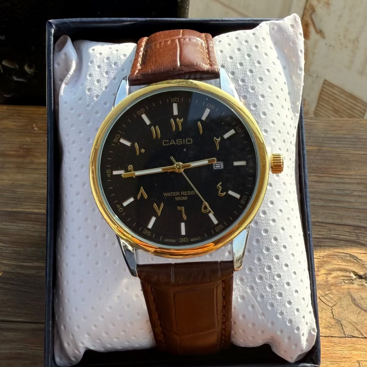 Casio Arabic Brown Leather Strap (Gold - Black Face)