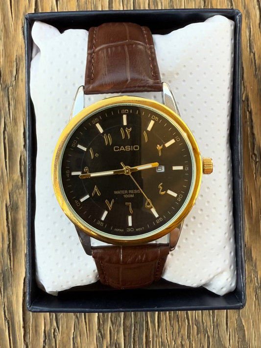 Casio Arabic Brown Leather Strap (Gold - Black Face)