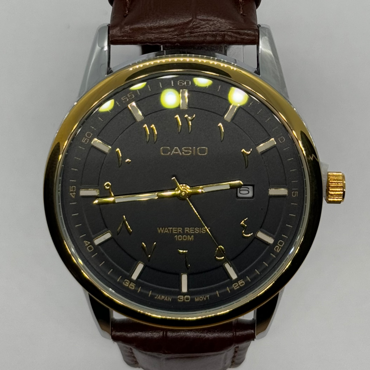 Casio Arabic Brown Leather Strap (Gold - Black Face)