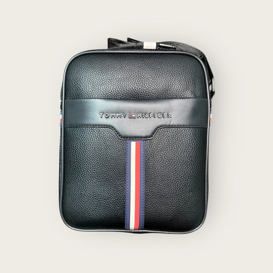 TOMMY HILFIGER BLACK LEATHER CROSS BAG